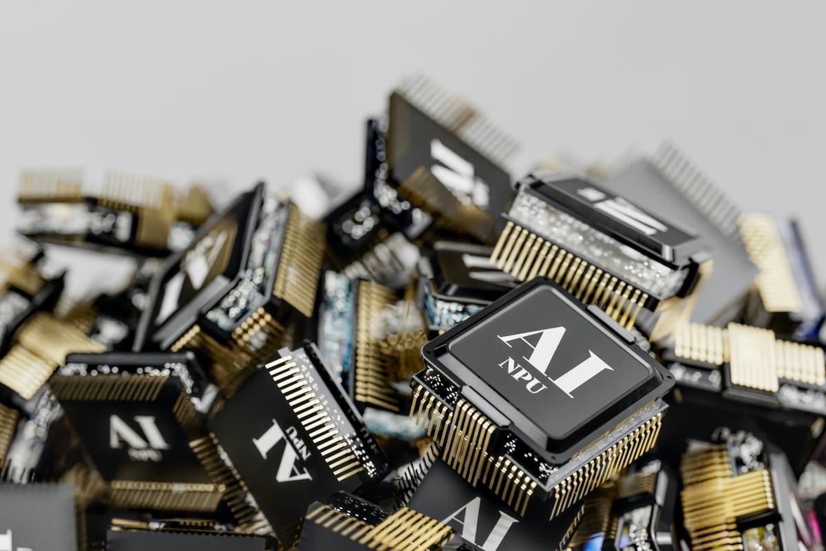Non-branded close view of AI hardware or computing components, clean editorial composition