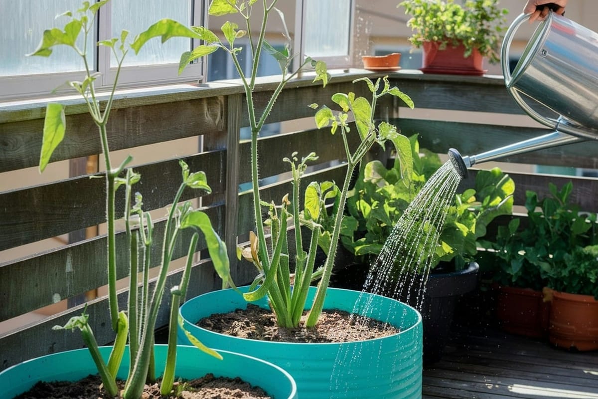 Person watering container plants on a sunny balcony